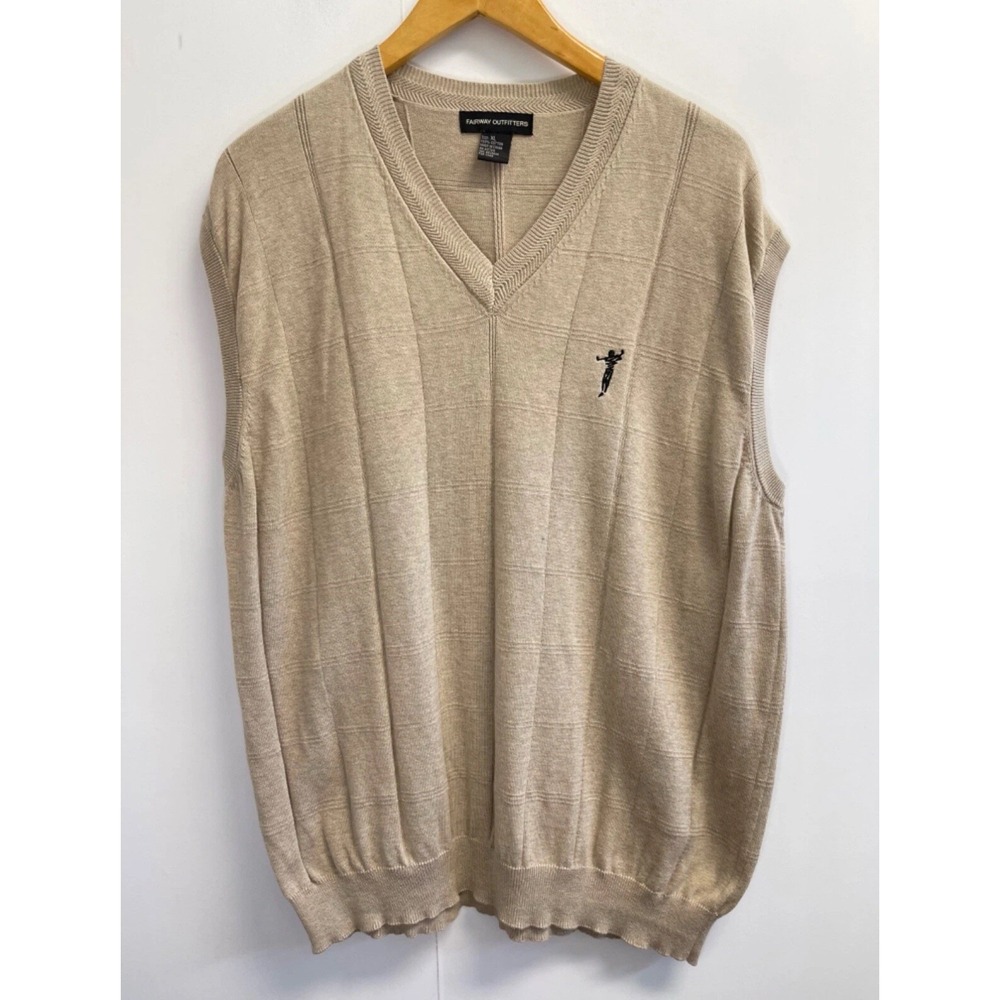 Men's Fairway Outfitters V-Neck Sweater‎ Vest Size XL Beige Black Golfer Logo